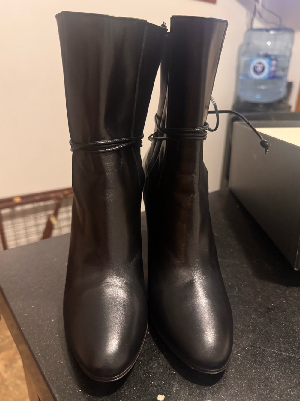 Gucci Black Leather Mid-Calf Heeled Boots with Wrap Detail